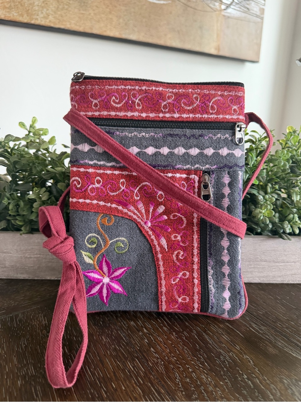 Ganesh Himal Embroidered Crossbody Bag in Burgundy and Gray